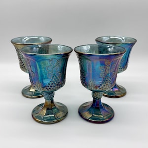 Blue Carnival Glass Goblets, Indiana Glass Co Harvest Grape, Vintage Stemmed Glasses