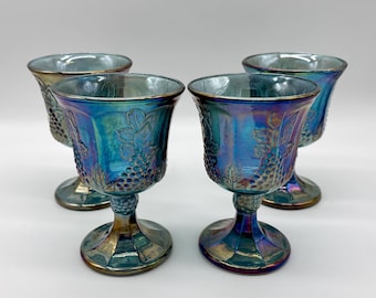 Blue Carnival Glass Goblets, Indiana Glass Co Harvest Grape, Vintage Stemmed Glasses