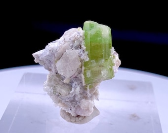 Gemmy Apple Green Tourmaline Specimen | Raw Prismatic Crystal on Base