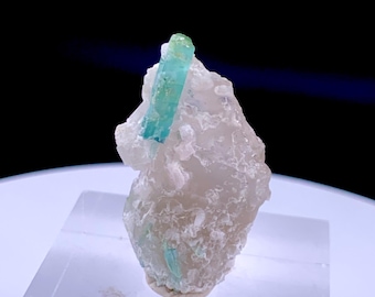 Natural Mint Green Tourmaline Crystal on Quartz Matrix Specimen