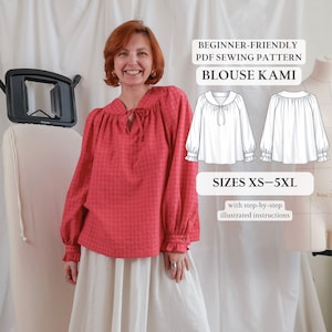 Patrón de costura de blusa Kami (PDF) / XS–5XL / Top raglán extragrande con canesú y lazos