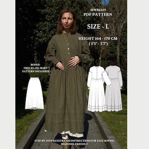 L Size – Dora Dress PDF Sewing Pattern – Loose Fit Button-Front Dress with Sleeves and Pockets, Beginner Friendly Digital Pattern