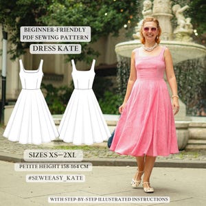 Op de afbeelding: Een roze midi-jurk met een vierkante halslijn en brede schouderbanden, getoond naast een technische lijntekening van de jurk. Tekst bevat BEGINNER-FRIENDLY PDF SEWING PATTERN, DRESS KATE, SIZES XS-2XL, PETITE HEIGHT 158-164 CM en #SEWEEASY_KATE.