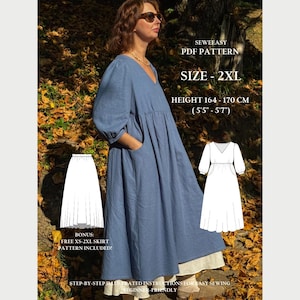 2XL Size – Greta Dress PDF Sewing Pattern – Beginner Friendly Midi Dress with Sleeves, Easy Summer Sewing Project, Instant Download