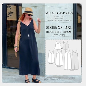 Sizes XS–5XL  Mila Dress PDF Sewing Pattern – Beginner Friendly Easy Summer Dress, Top or Sundress for Women, Instant Download