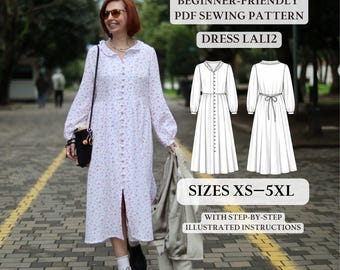 Lali2-jurk pdf naaipatroon XS–5XL romantische jurk met ruches (digitale download)