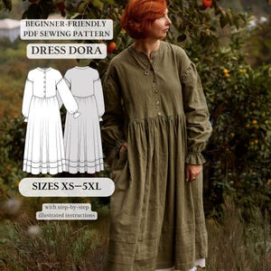 Wykrój sukienki Dora – luźny krój, zapinana z przodu na guziki (XXS–5XL) (wykrój w formacie PDF)