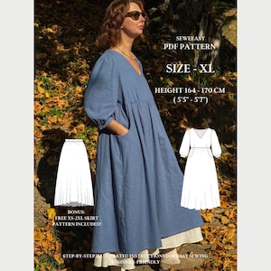 XL - Size Greta Dress PDF Sewing Pattern – Beginner Friendly Midi Dress with Sleeves, Easy Summer Sewing Project, Instant Download