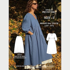L - Size Greta Dress PDF Sewing Pattern – Beginner Friendly Midi Dress with Sleeves, Easy Summer Sewing Project, Instant Download