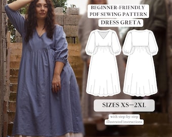 Greta Dress - PDF Sewing Pattern Sizes - (XS-2XL)– Beginner Midi Dress with Sleeves