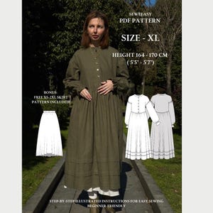 XL Size –Dora Dress PDF Sewing Pattern – Loose Fit Button-Front Dress with Sleeves and Pockets, Beginner Friendly Digital Pattern