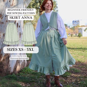 Anna Skirt Sewing Pattern – Sizes XS - 5XL, Midi A-Line Skirt with Ruffle (PDF)