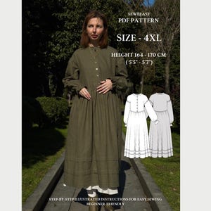 4XL Size – Dora Dress PDF Sewing Pattern – Loose Fit Button-Front Dress with Sleeves and Pockets, Beginner Friendly Digital Pattern