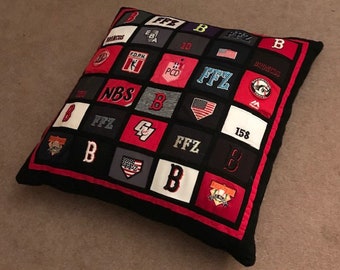 Custom Baseball Cap Pillow Cover Deposit.  Logos/emblems from ball caps are used to create a pillow cover.  Contact me before purchasing.