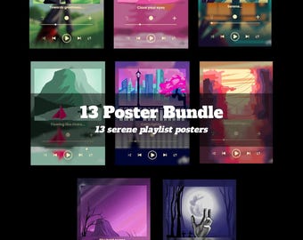 Könnte beinhalten: Ein Set von 13 Postern für ruhige Playlists. Jedes Poster zeigt eine einzigartige Landschaftsillustration mit einer Musikplayer-Oberfläche. Die Poster enthalten Texte wie "Towards greatness..." und "Close your eyes."
