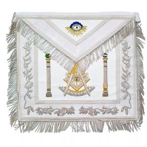 Masonic Past Master Apron – Hand Embroidered White Apron with Silver Fringe & Double Columns