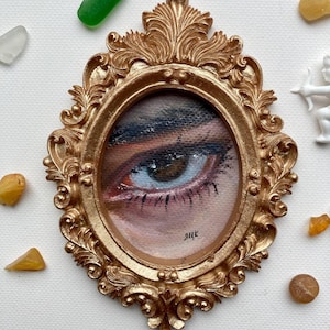 Original Framed Lover&#39;s Eye Antique Painting Illustration Vintage Style Small Dark Academia Eye Study Tiny Oil Art Gold Frame Goth Decor 3x4