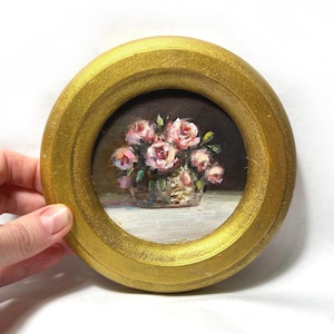 Rosas Pintura Original Enmarcada Victoriana Redonda Enmarcada en Oro Regalo Pequeño Antiguo Clásico Rosa Bodegón Estilo Viejos Maestros Flores Delicadas