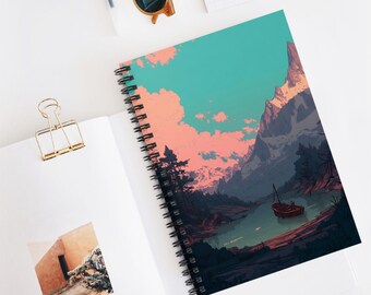 Könnte beinhalten: Ein spiralgebundenes Notizbuch mit einer farbenfrohen Illustration einer Bergkette und einem kleinen Boot auf einem See. Der Himmel ist in leuchtendem Blau und Rosa gehalten, mit flauschigen Wolken.