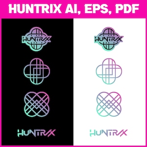 K&ouml;nnte beinhalten: Grafikdesign mit dem Wort "HUNTRIX" in einer stilisierten Schriftart, begleitet von abstrakten geometrischen Formen. Das Design verwendet einen Farbverlauf aus Teal, Lila und Pink, vor schwarzen und wei&szlig;en Hintergr&uuml;nden. Der Text "HUNTRIX AI, EPS, PDF" ist oben zu sehen.