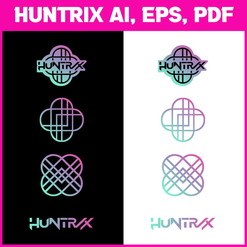 K&ouml;nnte beinhalten: Grafikdesign mit dem Wort "HUNTRIX" in einer stilisierten Schriftart, begleitet von abstrakten geometrischen Formen. Das Design verwendet einen Farbverlauf aus Teal, Lila und Pink, vor schwarzen und wei&szlig;en Hintergr&uuml;nden. Der Text "HUNTRIX AI, EPS, PDF" ist oben zu sehen.