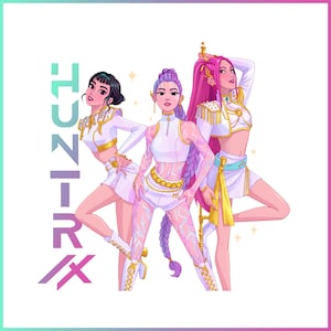 May include: Illustration of three women in white and gold outfits with long hair. The image has the word "TUNTRIX" in a vertical, colorful font on the left side. The women are in dynamic poses, with a bright, colorful background.
