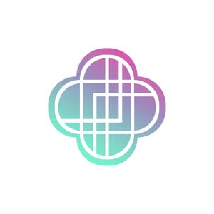Puede incluir: Dise&ntilde;o de logotipo con forma de tr&eacute;bol de cuatro hojas y un patr&oacute;n de cuadr&iacute;cula blanca superpuesto. El esquema de color transita del turquesa al morado, con un contorno blanco sobre fondo blanco.