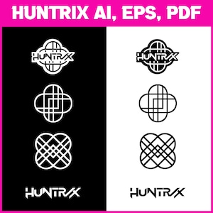 K&ouml;nnte beinhalten: Grafikdesign mit dem Wort "HUNTRIX" in einer stilisierten Schriftart und abstrakten geometrischen Formen. Das Design wird auf schwarzen und wei&szlig;en Hintergr&uuml;nden gezeigt. Der Text "HUNTRIX AI, EPS, PDF" wird oben angezeigt.