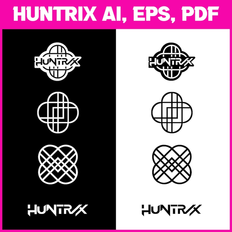 K&ouml;nnte beinhalten: Grafikdesign mit dem Wort "HUNTRIX" in einer stilisierten Schriftart und abstrakten geometrischen Formen. Das Design wird auf schwarzen und wei&szlig;en Hintergr&uuml;nden gezeigt. Der Text "HUNTRIX AI, EPS, PDF" wird oben angezeigt.