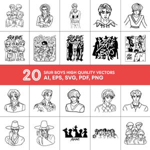 May include: A collection of 20 black and white vector illustrations featuring anime-style male figures and the text "SAJA BOYS". The illustrations are in various poses and styles, with the text "SAJA BOYS HIGH QUALITY VECTORS" and file formats listed.