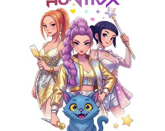 Arte de fã de anime Saja Girls em PNG | Clipart de Caçadoras de Demônios Kpop Huntrix | Derpy Tiger em PNG | Arte de grupo feminino de K-Pop | Download digital