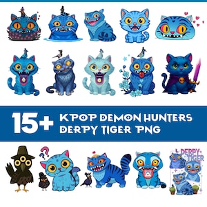 Pode incluir: Uma coleção de ilustrações de gatos de desenho animado em vários tons de azul, com características e expressões exageradas. Alguns gatos têm acessórios como chapéus ou espadas. O texto "15+ KPOP DEMON HUNTERS DERPY TIGER PNG" é exibido na parte inferior.