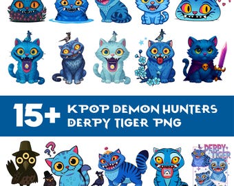 Huntrix Derpy Tiger PNG-Bundle | kpop Dämonenjäger Clipart | Niedliche Derpy Tiger & Vogel PNG | Kawaii Anime Katzen Kunst | Huntrix Merch