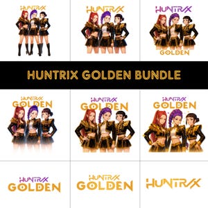 May include: A collection of digital illustrations featuring three women in matching black and gold outfits. The text "HUNTRAX GOLDEN BUNDLE" is displayed in gold. The illustrations have a cartoon style.