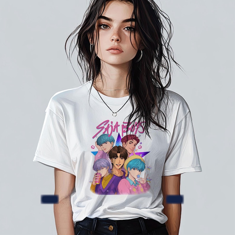 May include: White t-shirt featuring a graphic of six anime-style characters with colorful hair and clothing. The text "Saint Boys" is above the characters. The shirt is worn by a person with long dark hair.