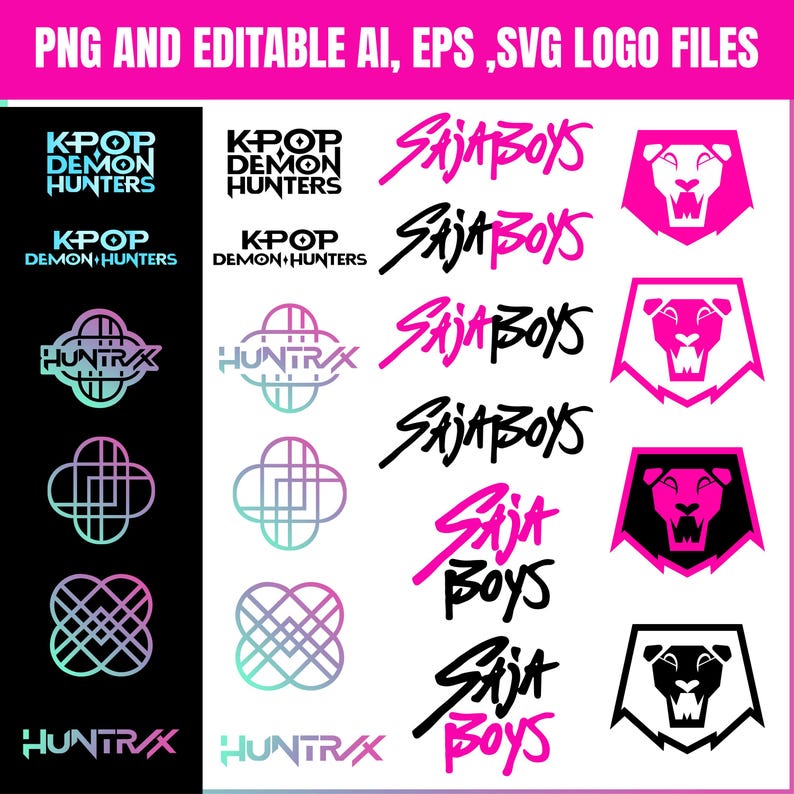 K&ouml;nnte beinhalten: Eine Sammlung von Logos in verschiedenen Stilen und Farben, darunter Texte wie "K-POP DEMON HUNTERS", "SAJA BOYS" und "HUNTRAX". Die Logos sind in Schwarz, Wei&szlig;, Pink und T&uuml;rkis gehalten, mit einem pinkfarbenen Banner oben mit der Aufschrift "PNG AND EDITABLE AI, EPS, SVG LOGO FILES".