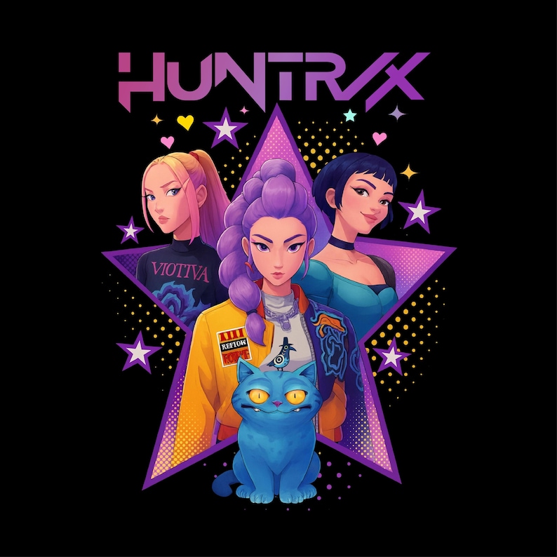 May include: Graphic design featuring three stylized female figures and a blue cat against a black background. The word "HUNTRX" is at the top. The figures are set within a purple star shape, with additional stars and hearts.