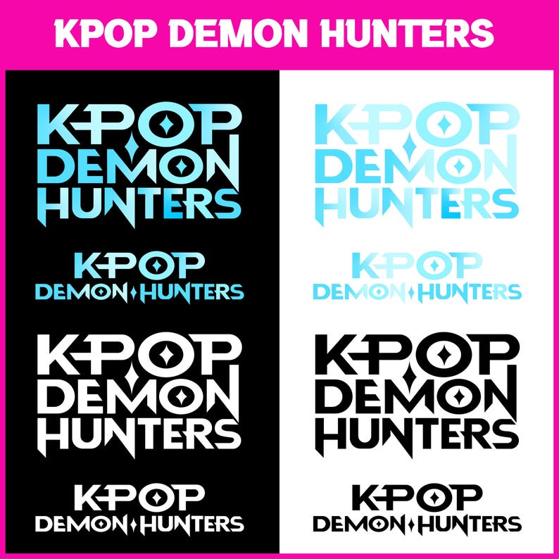 K&ouml;nnte beinhalten: Grafikdesign mit dem Text "KPOP DEMON HUNTERS" in verschiedenen Farbvarianten, darunter Wei&szlig;, Schwarz und Blaut&ouml;ne. Das Design wird mehrfach auf einem schwarz-wei&szlig;en Hintergrund wiederholt.