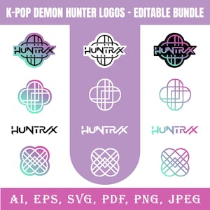 May include: A digital bundle of K-Pop Demon Hunter logos in various designs. The logos feature the word "HUNTRAX" in different fonts and colors, along with abstract geometric shapes. File formats include AI, EPS, SVG, PDF, PNG, and JPEG.