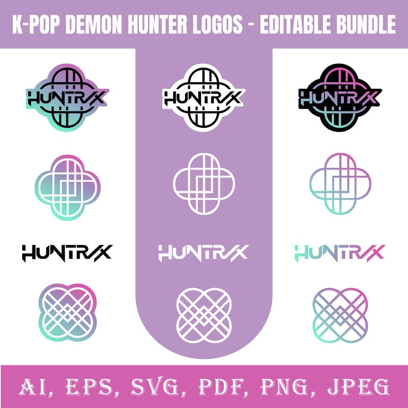 Puede incluir: Un paquete digital de logotipos de K-Pop Demon Hunter. La imagen muestra varios dise&ntilde;os de logotipos con la palabra "HUNTRAX" y formas geom&eacute;tricas abstractas. Los formatos de archivo disponibles incluyen AI, EPS, SVG, PDF, PNG y JPEG.