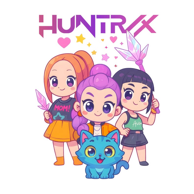 Pu&ograve; includere: Illustrazione di tre personaggi dei cartoni animati e un gatto blu. I personaggi tengono in mano oggetti a forma di cristallo e indossano vari abiti. Il testo "HUNTRIX" &egrave; in alto, con cuori e stelle intorno ai personaggi.