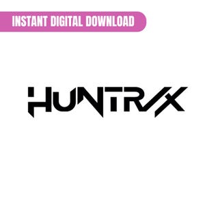 Puede incluir: Logotipo negro "HUNTRX" con una fuente estilizada sobre fondo blanco. Encima del logotipo hay una pancarta rosa con el texto "INSTANT DIGITAL DOWNLOAD". El dise&ntilde;o es moderno y geom&eacute;trico.