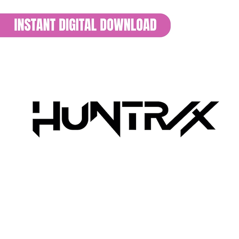 Puede incluir: Logotipo negro "HUNTRX" con una fuente estilizada sobre fondo blanco. Encima del logotipo hay una pancarta rosa con el texto "INSTANT DIGITAL DOWNLOAD". El dise&ntilde;o es moderno y geom&eacute;trico.