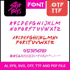 May include: A digital font design featuring the words "Suit Boys" and "FONT" in pink. The image displays the alphabet in pink and red, numbers, and symbols. The bottom banner reads "AI, EPS, SVG, OTF, TTF AND PDF FILE".