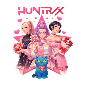 May include: Digital illustration featuring three anime-style women in pink outfits, surrounded by hearts. The image includes a blue cat with a bow tie and the word "LOVE" on a wand. The text "HUNTRAX" is at the top.