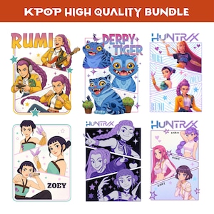 Peut inclure: Ensemble d'illustrations colorées sur le thème de la KPOP. Les images présentent des portraits stylisés de personnages féminins avec des superpositions de texte, notamment "RUMI", "DERPY TIGER", "HUNTRAX" et "ZOEY". L'œuvre d'art est de style bande dessinée avec des couleurs vives et des poses dynamiques.