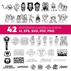 May include: A selection of black and white illustrations showcasing K-Pop Demon Hunters and Saja Boys. The image includes character portraits, logos, and graphic designs, with the number "42" displayed prominently.