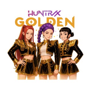 May include: An illustration featuring three women in black and gold attire. The image includes the text "HUNTRAX GOLDEN". The women have red, purple, and black hair, and are dressed in matching jackets, skirts, and belts. The style is reminiscent of anime.
