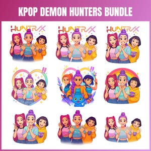 May include: A collection of colorful KPOP Demon Hunters Bundle graphics. The images feature three cartoon girls with purple, pink, and black hair. The text "HUNTR/X" is displayed in the top left corner of some images. The images are set against a white background.