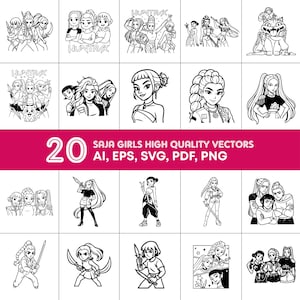 Puede incluir: Una colección de 20 ilustraciones vectoriales en blanco y negro de chicas en varias poses. Se muestra el texto "SAJA GIRLS HIGH QUALITY VECTORS", junto con las opciones de formato de archivo: AI, EPS, SVG, PDF y PNG.